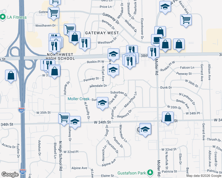 map of restaurants, bars, coffee shops, grocery stores, and more near 5808 Allendale Drive in Indianapolis