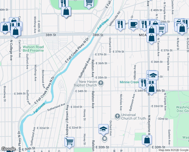 map of restaurants, bars, coffee shops, grocery stores, and more near 3512 Ralston Avenue in Indianapolis