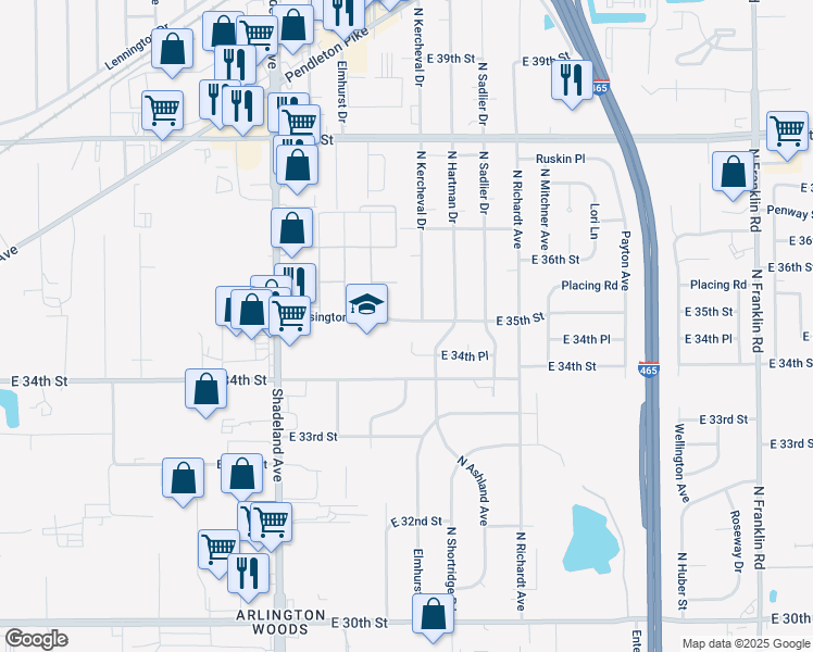 map of restaurants, bars, coffee shops, grocery stores, and more near 7221 East 35th Street in Indianapolis