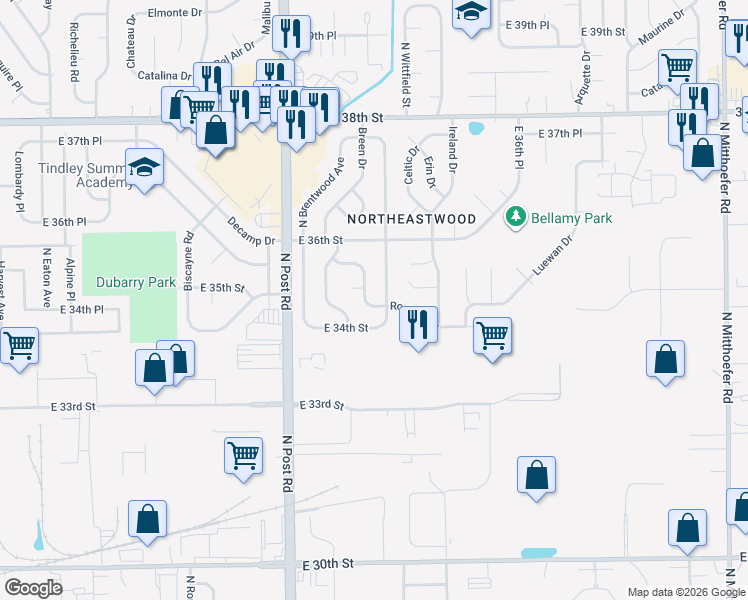 map of restaurants, bars, coffee shops, grocery stores, and more near 3447 North Wittfield Street in Indianapolis