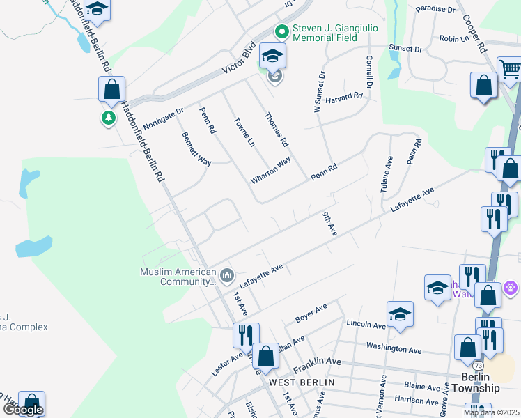 map of restaurants, bars, coffee shops, grocery stores, and more near 20 Penn Road in Voorhees Township