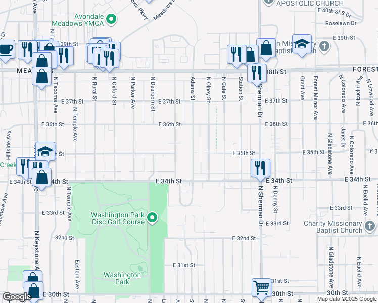 map of restaurants, bars, coffee shops, grocery stores, and more near 3518 Adams Street in Indianapolis