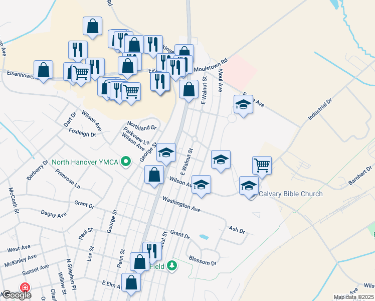 map of restaurants, bars, coffee shops, grocery stores, and more near 1004 East Walnut Street in Hanover