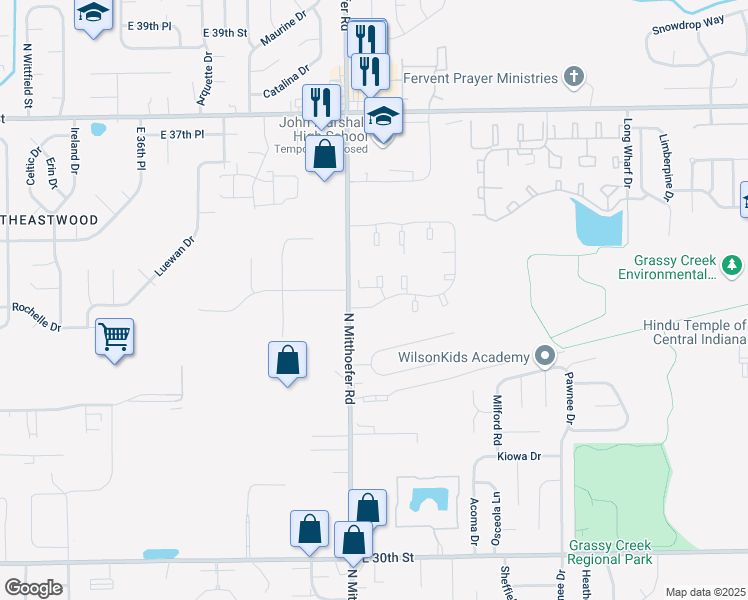 map of restaurants, bars, coffee shops, grocery stores, and more near 3515 Mitthoeffer Road in Indianapolis