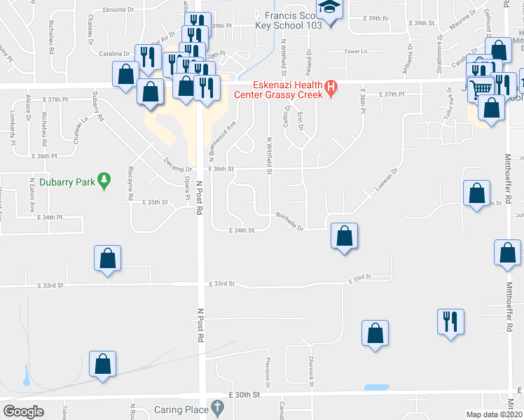 map of restaurants, bars, coffee shops, grocery stores, and more near 3447 North Wittfield Street in Indianapolis