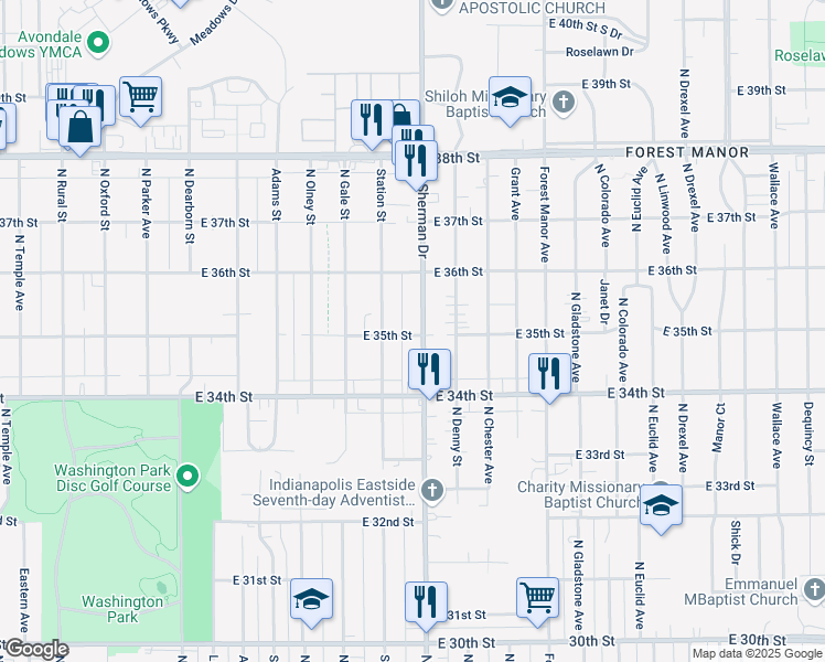 map of restaurants, bars, coffee shops, grocery stores, and more near 3516 North Sherman Drive in Indianapolis