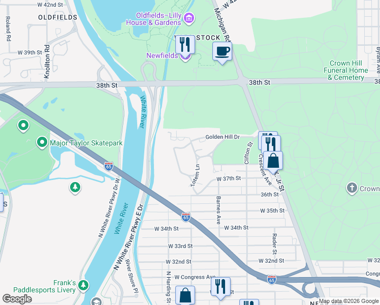 map of restaurants, bars, coffee shops, grocery stores, and more near 3766 Totem Lane in Indianapolis