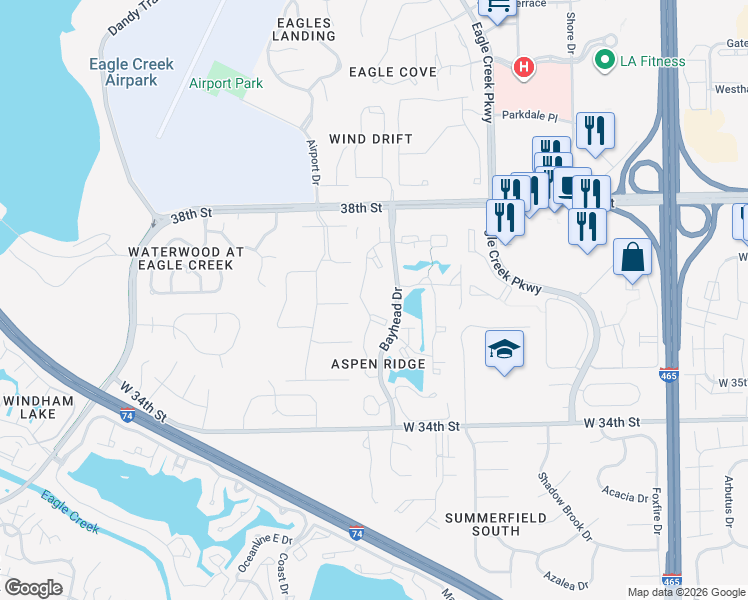 map of restaurants, bars, coffee shops, grocery stores, and more near 3628 Hyannis Port Drive in Indianapolis