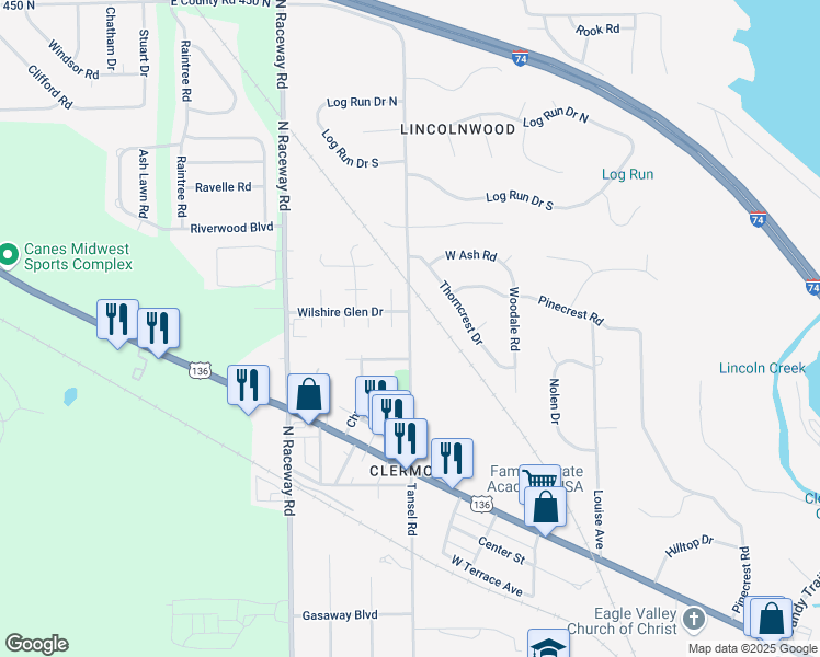 map of restaurants, bars, coffee shops, grocery stores, and more near 3645 Tansel Road in Indianapolis