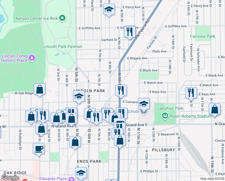 map of restaurants, bars, coffee shops, grocery stores, and more near 1452 North 8th Street in Springfield