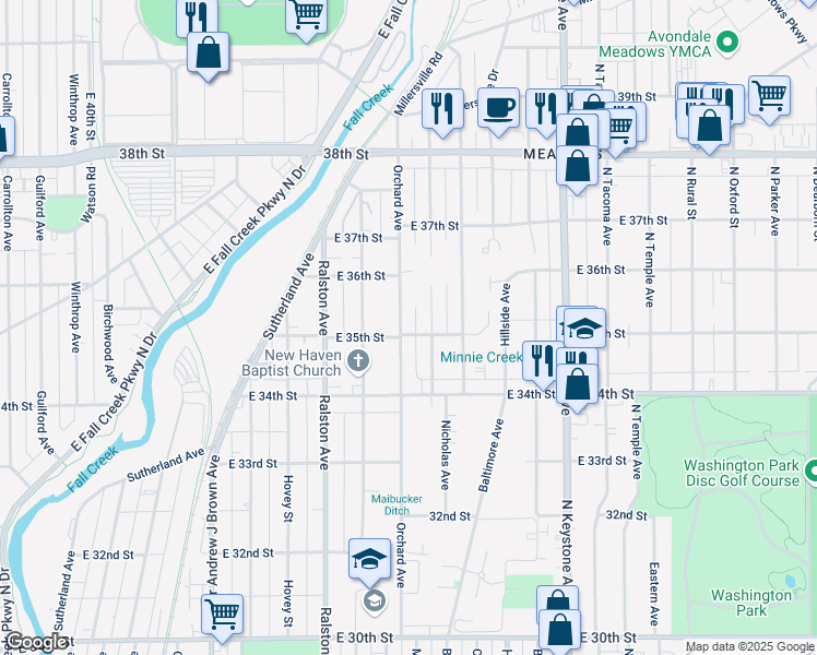 map of restaurants, bars, coffee shops, grocery stores, and more near 3520 Orchard Avenue in Indianapolis