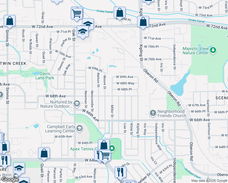 map of restaurants, bars, coffee shops, grocery stores, and more near 6837 Miller Street in Arvada