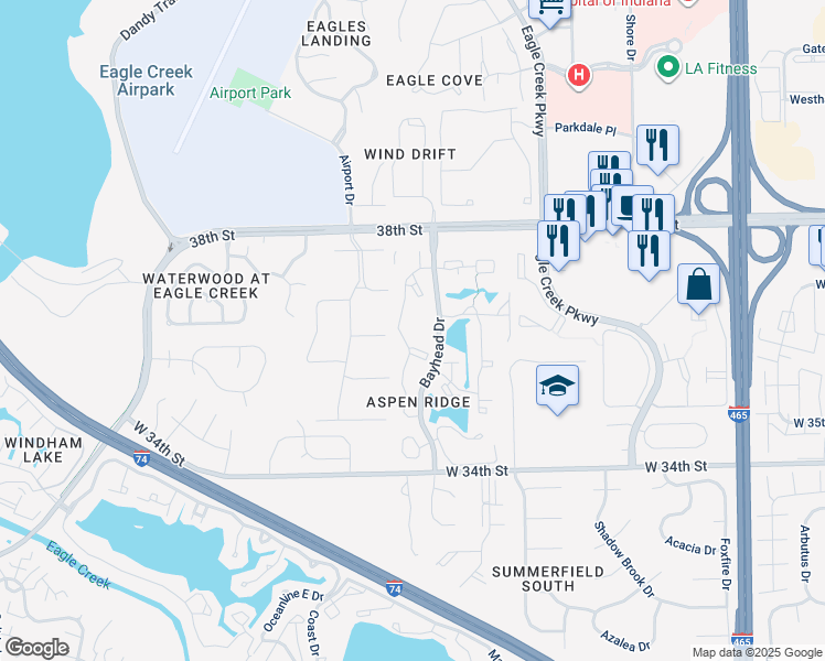 map of restaurants, bars, coffee shops, grocery stores, and more near 7311 Back Bay Court in Indianapolis