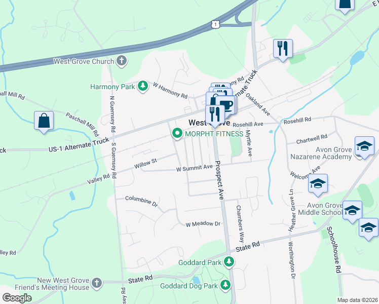 map of restaurants, bars, coffee shops, grocery stores, and more near 116 Murray Avenue in West Grove