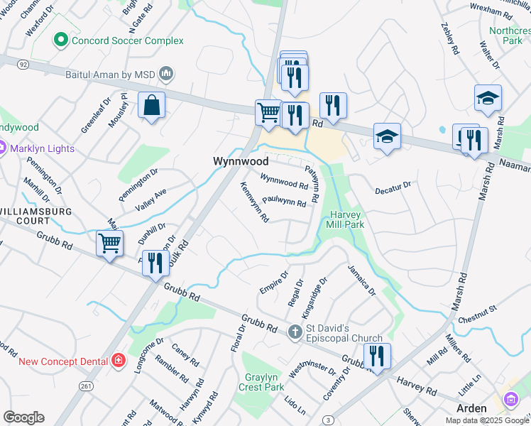 map of restaurants, bars, coffee shops, grocery stores, and more near 2315 Kennwynn Road in Wilmington