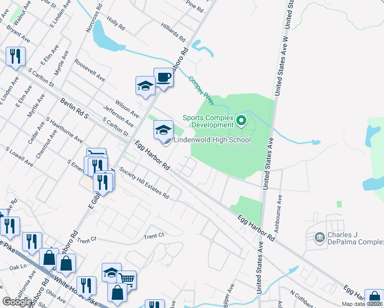 map of restaurants, bars, coffee shops, grocery stores, and more near 199 Colonial Square Place in Lindenwold