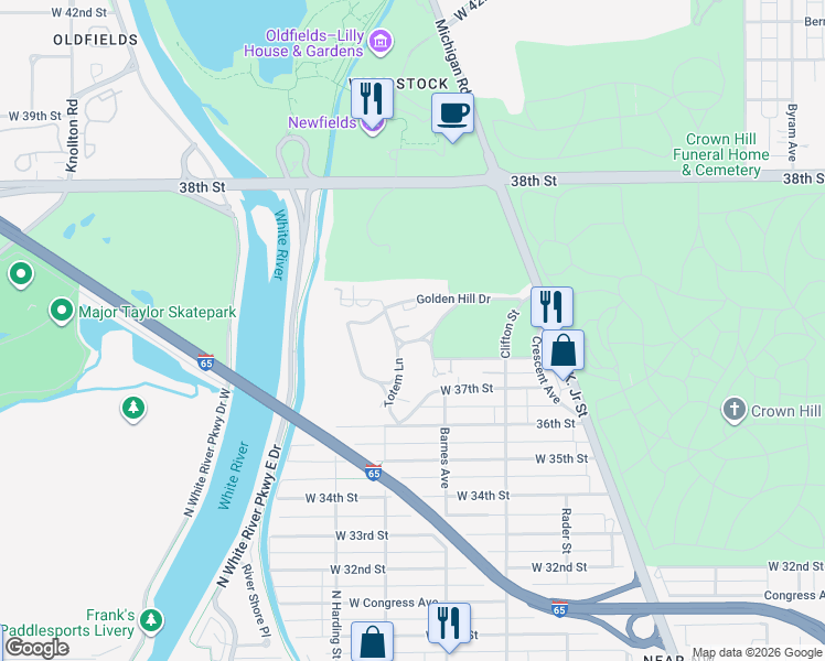 map of restaurants, bars, coffee shops, grocery stores, and more near 1210 Pickwick Place in Indianapolis