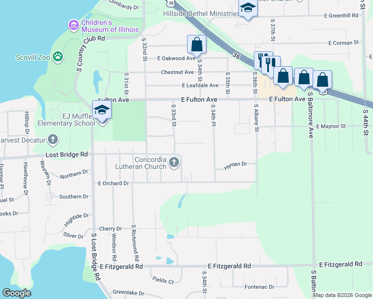 map of restaurants, bars, coffee shops, grocery stores, and more near 3301-3399 East Birch Street in Decatur