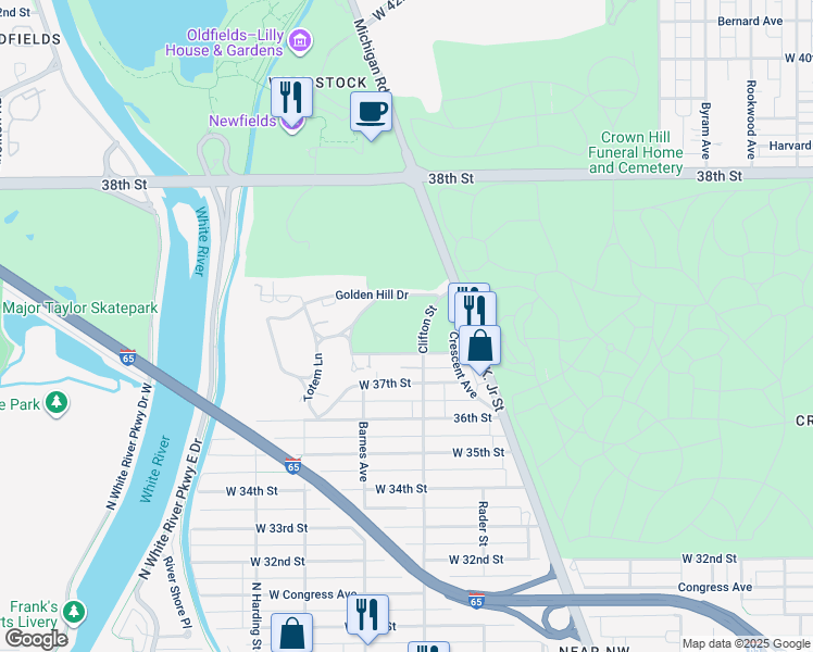 map of restaurants, bars, coffee shops, grocery stores, and more near 3701 Clifton Street in Indianapolis