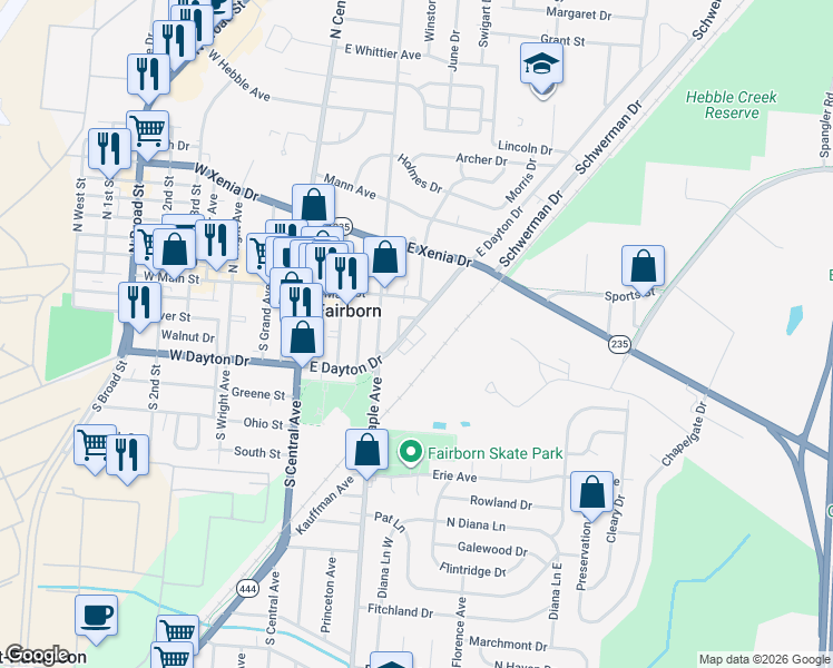 map of restaurants, bars, coffee shops, grocery stores, and more near 284 East Dayton Drive in Fairborn