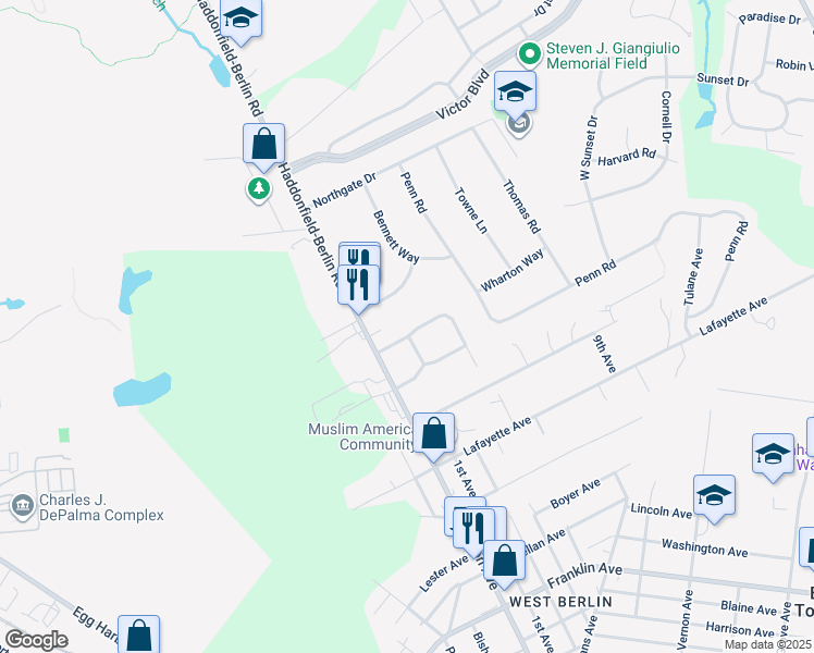 map of restaurants, bars, coffee shops, grocery stores, and more near 3 Devonshire Drive in Voorhees Township
