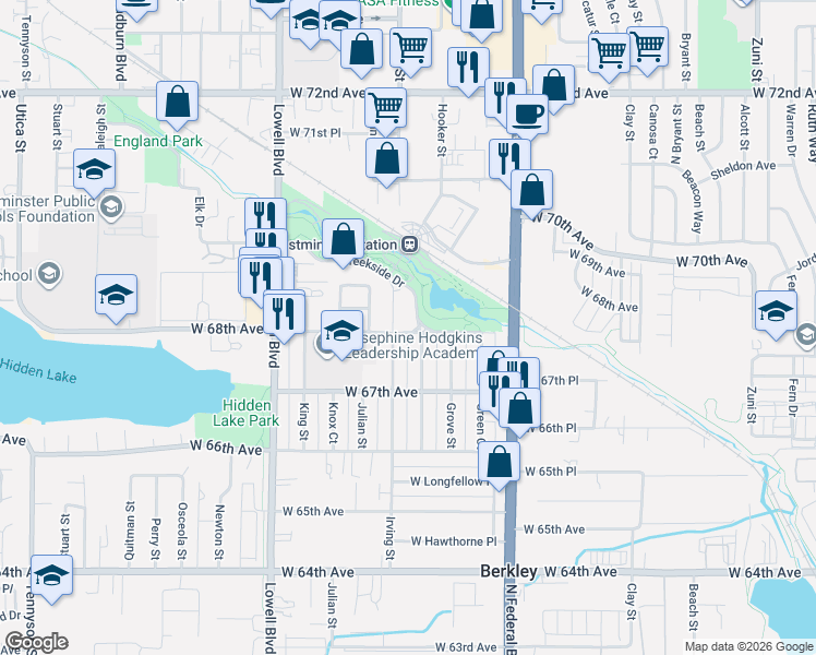 map of restaurants, bars, coffee shops, grocery stores, and more near 6805 Irving Street in Denver