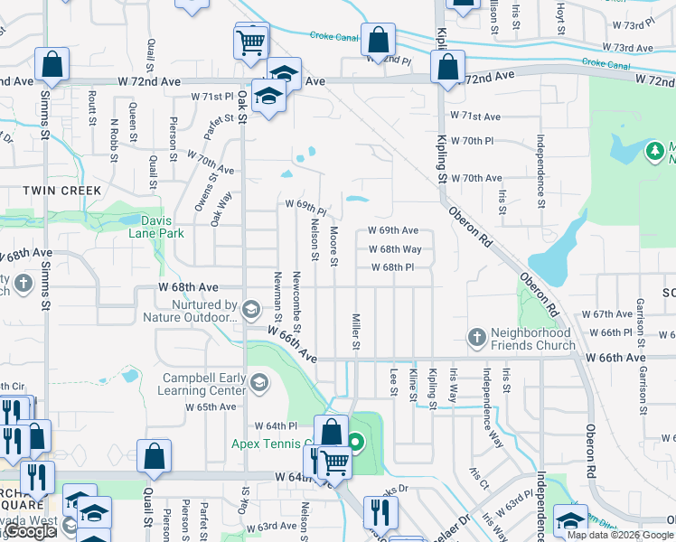 map of restaurants, bars, coffee shops, grocery stores, and more near 6837 Miller Street in Arvada
