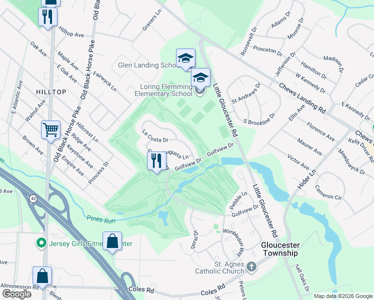 map of restaurants, bars, coffee shops, grocery stores, and more near 20 La Costa Drive in Camden County