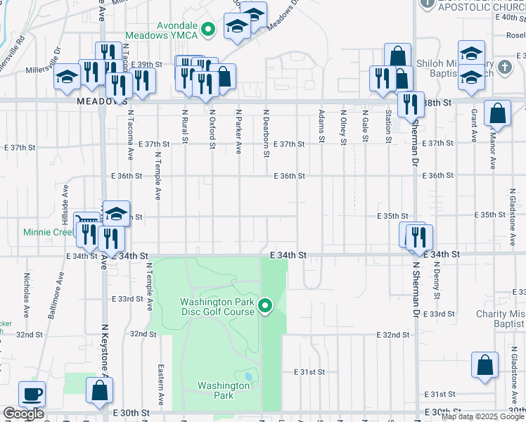 map of restaurants, bars, coffee shops, grocery stores, and more near 3520 North Dearborn Street in Indianapolis