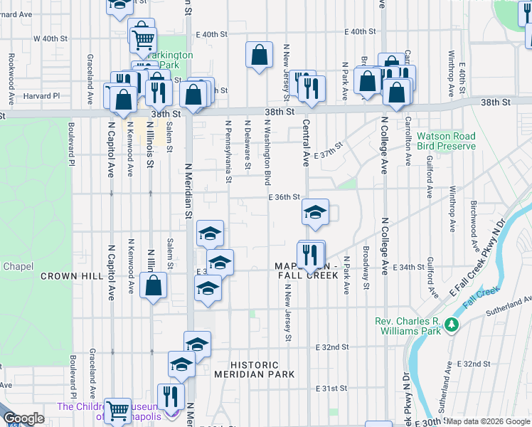 map of restaurants, bars, coffee shops, grocery stores, and more near 3550 North Washington Boulevard in Indianapolis
