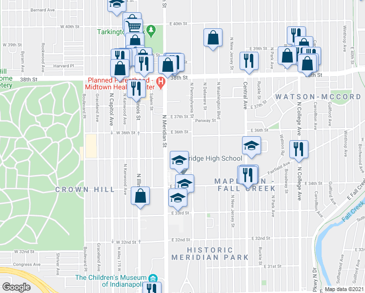 map of restaurants, bars, coffee shops, grocery stores, and more near 3540 North Pennsylvania Street in Indianapolis