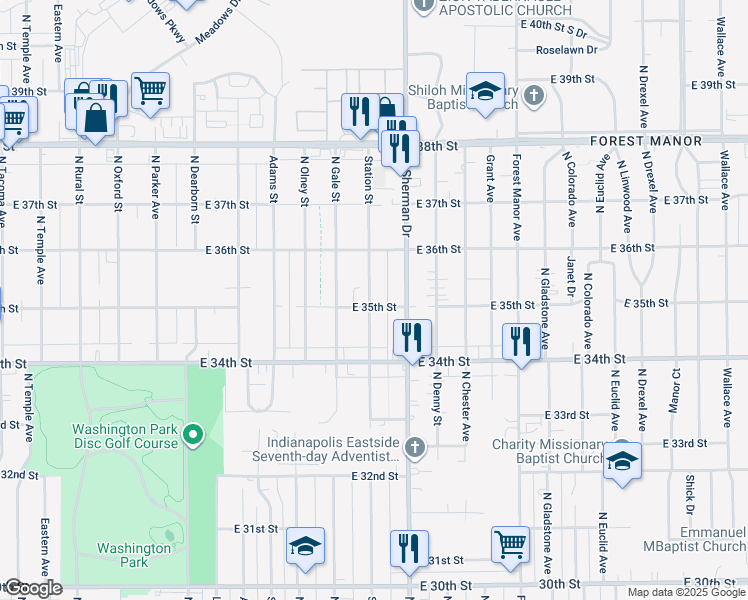 map of restaurants, bars, coffee shops, grocery stores, and more near 3520 Station Street in Indianapolis