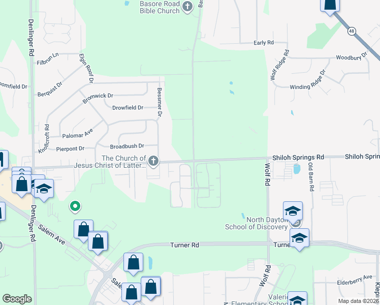 map of restaurants, bars, coffee shops, grocery stores, and more near 5025 Basore Road in Dayton