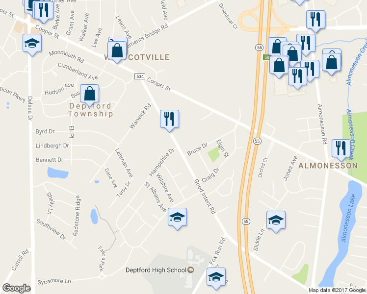 map of restaurants, bars, coffee shops, grocery stores, and more near 1490 Good Intent Road in Deptford