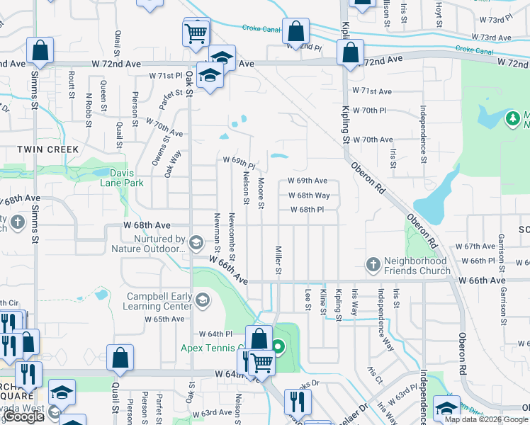 map of restaurants, bars, coffee shops, grocery stores, and more near 6837 Miller Street in Arvada