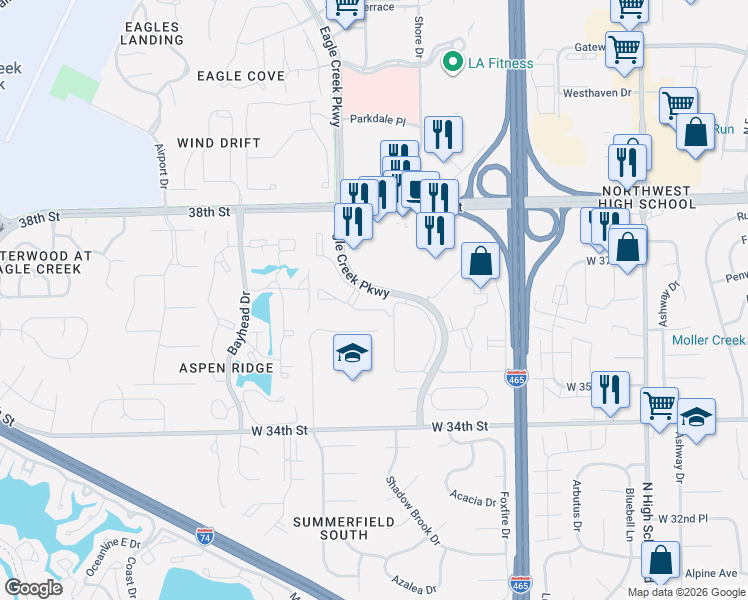 map of restaurants, bars, coffee shops, grocery stores, and more near 3504 Idlewood Parkway in Indianapolis