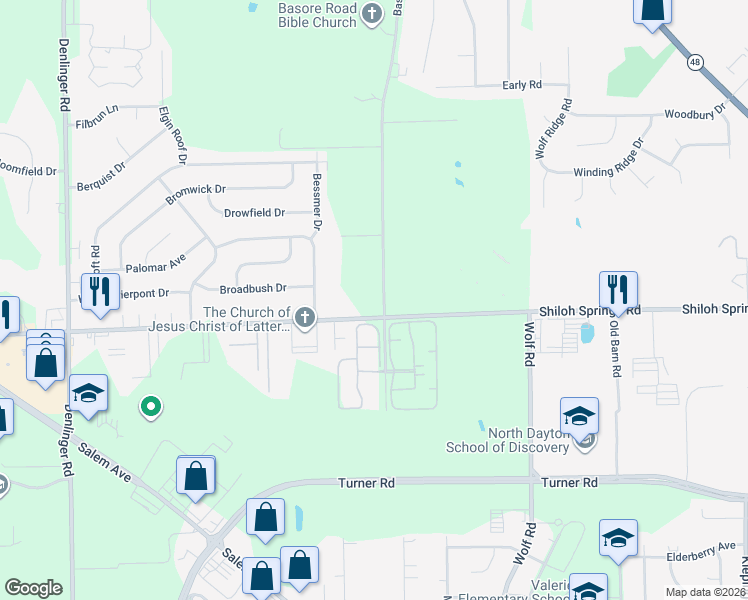 map of restaurants, bars, coffee shops, grocery stores, and more near 5075 Basore Road in Dayton
