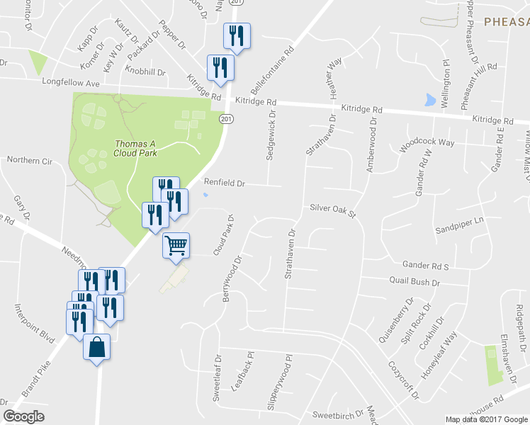 map of restaurants, bars, coffee shops, grocery stores, and more near 3931 Berrywood Drive in Dayton