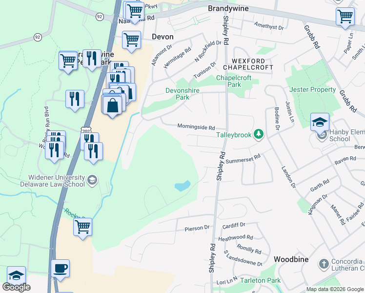 map of restaurants, bars, coffee shops, grocery stores, and more near 108 Chapelcrest Lane in Wilmington