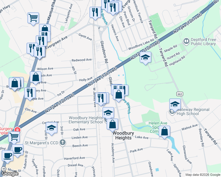 map of restaurants, bars, coffee shops, grocery stores, and more near 455 Glassboro Road in Woodbury Heights