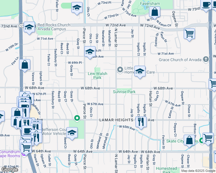 map of restaurants, bars, coffee shops, grocery stores, and more near 6814 Newland Street in Arvada
