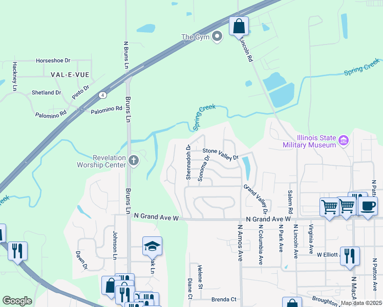 map of restaurants, bars, coffee shops, grocery stores, and more near 21 Stone Valley Drive in Springfield