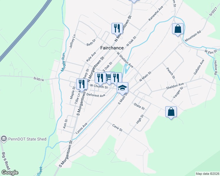 map of restaurants, bars, coffee shops, grocery stores, and more near 58 West Church Street in Fairchance