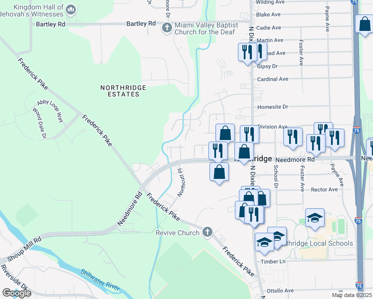 map of restaurants, bars, coffee shops, grocery stores, and more near 1701 Needmore Road in Dayton