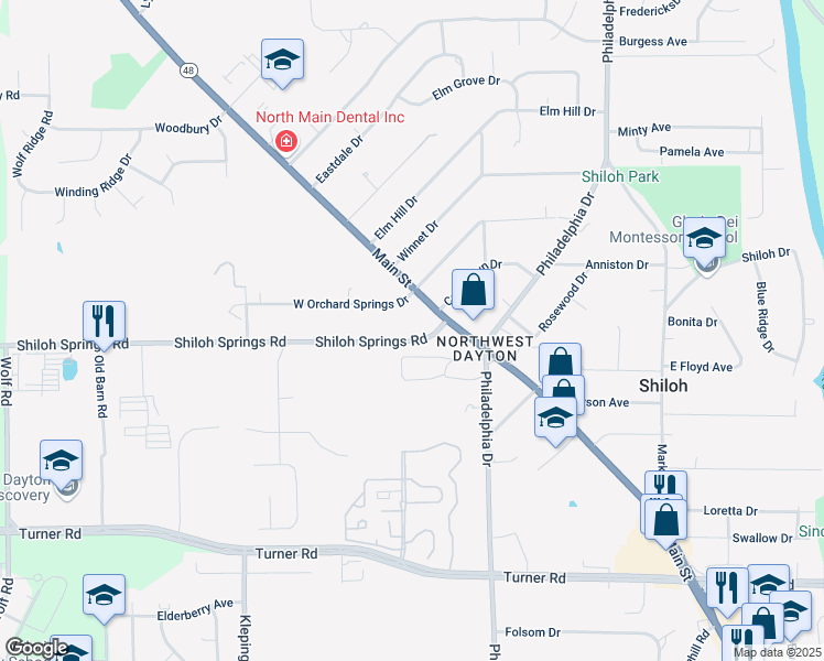 map of restaurants, bars, coffee shops, grocery stores, and more near 41 Shiloh Springs Road in Dayton