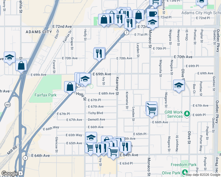 map of restaurants, bars, coffee shops, grocery stores, and more near 5860 East 68th Way in Commerce City