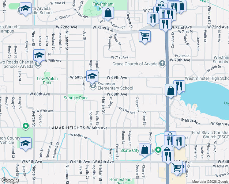 map of restaurants, bars, coffee shops, grocery stores, and more near 6851 Gray Drive in Arvada