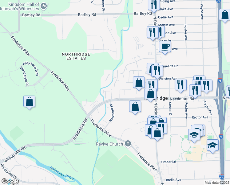 map of restaurants, bars, coffee shops, grocery stores, and more near 1701 Needmore Road in Dayton