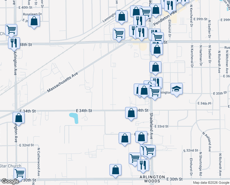map of restaurants, bars, coffee shops, grocery stores, and more near 3449 North Edmondson Avenue in Indianapolis