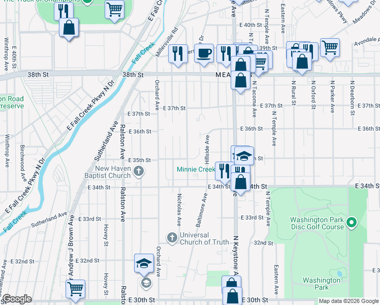 map of restaurants, bars, coffee shops, grocery stores, and more near 3517 Caroline Street in Indianapolis